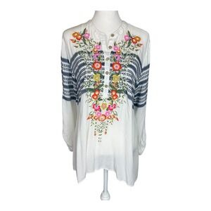 Embroidered Floral Split-Neck Tunic Top - White